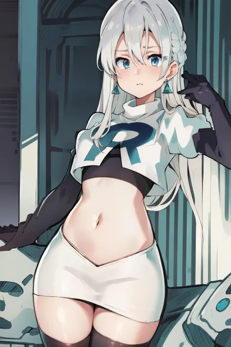 Silver hair, blue eyes, light skin, turquoise earrings, (covered eye by hair:1.3), Elizabeth, team rocket,team rocket uniform,white skirt,crop top,black thigh-highs,black elbow gloves,