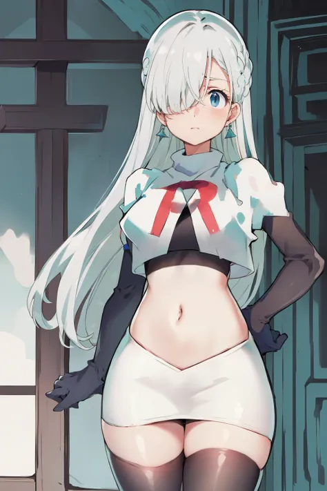 Silver hair, blue eyes, light skin, turquoise earrings, (covered eye by hair:1.3), Elizabeth, team rocket,team rocket uniform,white skirt,crop top,black thigh-highs,black elbow gloves,