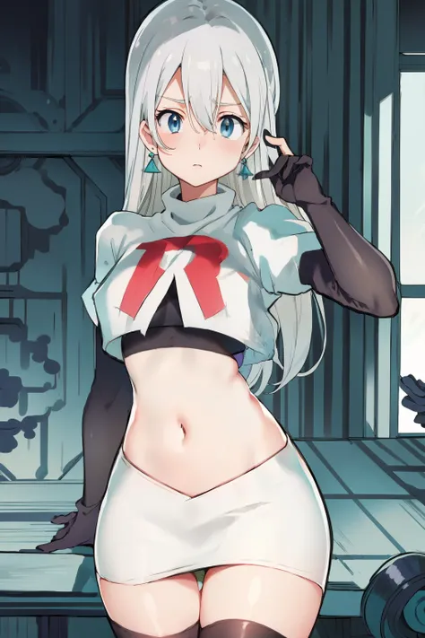 Silver hair, blue eyes, light skin, turquoise earrings, (covered eye by hair:1.3), Elizabeth, team rocket,team rocket uniform,white skirt,crop top,black thigh-highs,black elbow gloves,