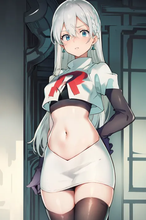 Silver hair, blue eyes, light skin, turquoise earrings, (covered eye by hair:1.3), Elizabeth, team rocket,team rocket uniform,white skirt,crop top,black thigh-highs,black elbow gloves,