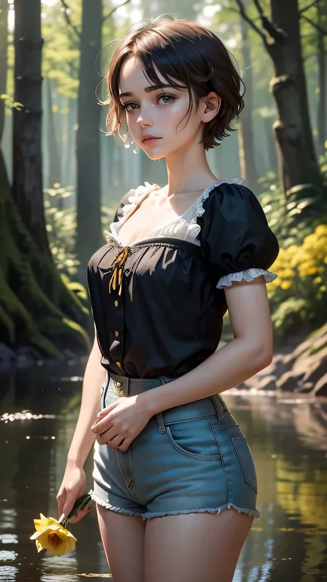 top quality, masterpiece, ultra high resolution, (photoreal: 1.1), Holding a daffodil with both hands, RAW photos, one girl, medium short hair , Short sleeve t-shirt, shorts, crying, out of helping, cinematic lighting, slightly sweaty, sparkly skin ,beauti...