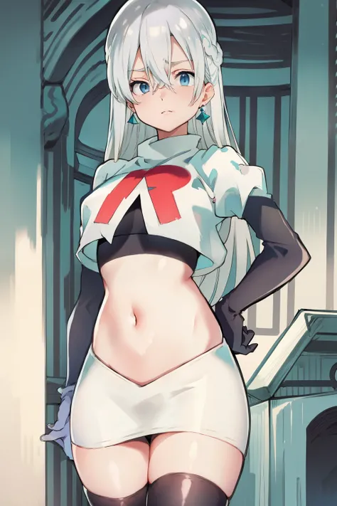 Silver hair, blue eyes, light skin, turquoise earrings, (covered eye by hair:1.3), Elizabeth, team rocket,team rocket uniform,white skirt,crop top,black thigh-highs,black elbow gloves,