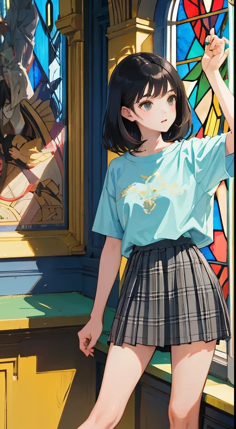 (child)，（masterpiece，Top quality)，Light gray plaid pleated mini skirt，short sleeve，black hair，Summer Classroom，tarot，Mucha，Stained glass