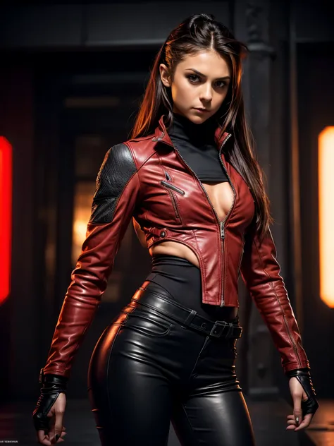 ((Nina Dobrev)) as a beautiful female mercenary, wearing red leather jacket and black tight pants, view from front, waist up shot, dynamic pose, ambient lighting, photo realism, intricate hand details, highly detailed, vibrant colors, cinematic, high defin...