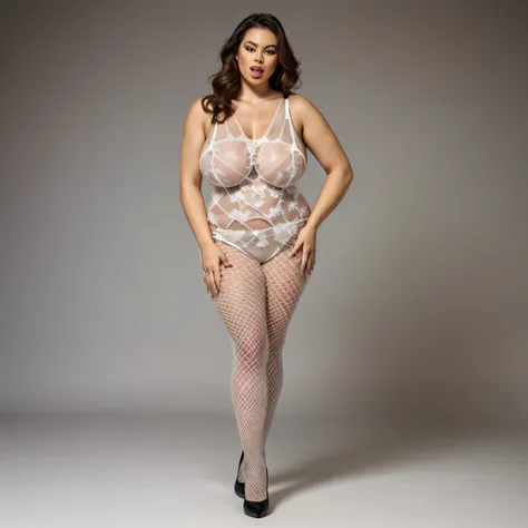 a woman in a WHITE fishnet bodystockt and stockings, plus-sized, catsuit, plus size, bodysuit, fishnet clothes, honey birdette, alluring plus sized model, fullbodysuit, full figured, intricate body, scantily clad, voluptuous, attractive feminine curves, fr...