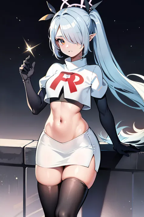 (masterpiece), 1girl, hair over one eye,magical world, shiny steps, beautiful sky, stars, jupiter, ioridef, team rocket,team rocket uniform,white skirt,crop top,black thigh-highs,black elbow gloves,