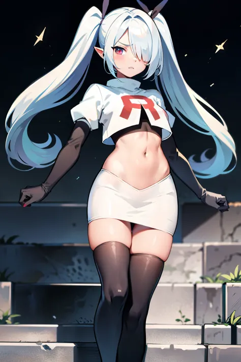 (masterpiece), 1girl, hair over one eye,magical world, shiny steps, beautiful sky, stars, jupiter, ioridef, team rocket,team rocket uniform,white skirt,crop top,black thigh-highs,black elbow gloves,