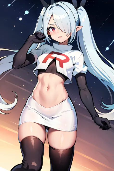 (masterpiece), 1girl, hair over one eye,magical world, shiny steps, beautiful sky, stars, jupiter, ioridef, team rocket,team rocket uniform,white skirt,crop top,black thigh-highs,black elbow gloves,
