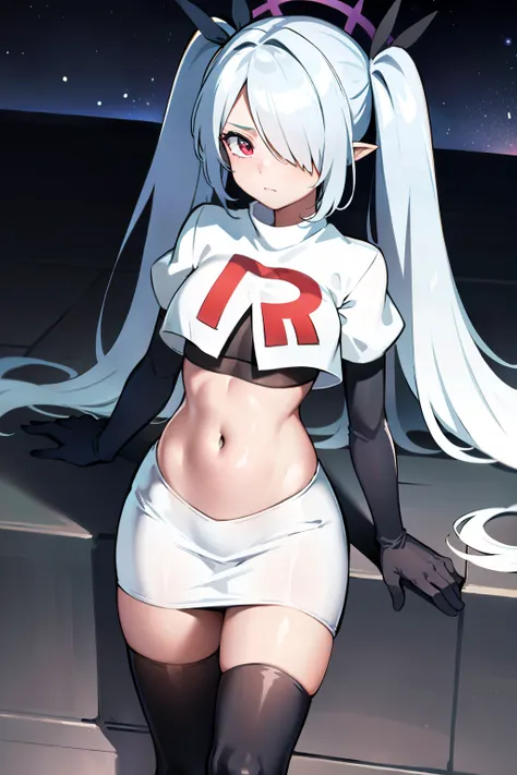 (masterpiece), 1girl, hair over one eye,magical world, shiny steps, beautiful sky, stars, jupiter, ioridef, team rocket,team rocket uniform,white skirt,crop top,black thigh-highs,black elbow gloves,