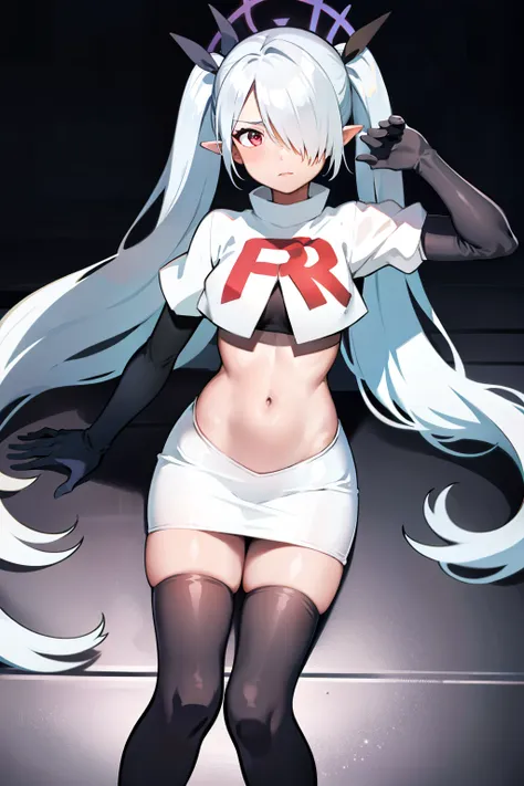 (masterpiece), 1girl, hair over one eye,magical world, shiny steps, beautiful sky, stars, jupiter, ioridef, team rocket,team rocket uniform,white skirt,crop top,black thigh-highs,black elbow gloves,