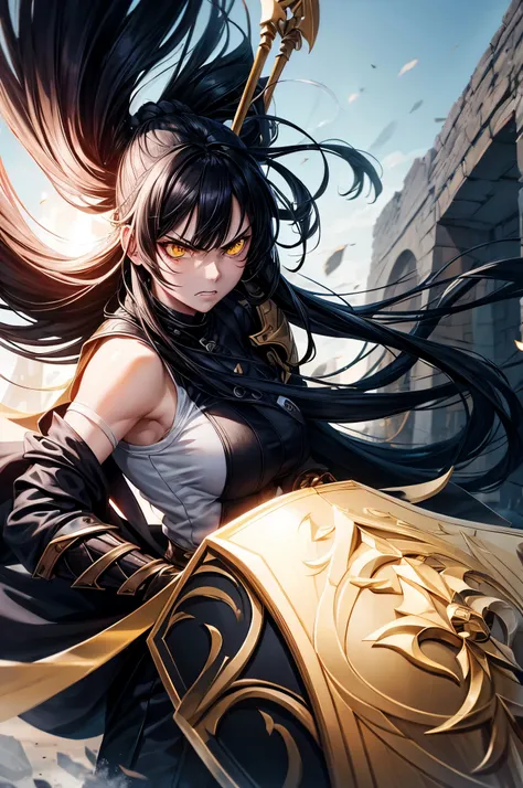 angry shieldwoman, long black hair, yellow eyes, big breasts, girl, adult