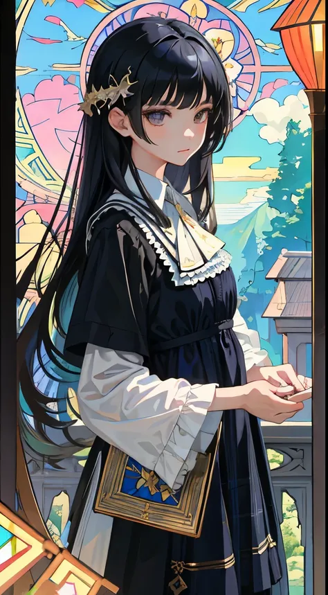 (child)，（masterpiece，Top quality)，plaid lolita clothes，short sleeve，long hair,black hair，Summer Classroom，tarot，Mucha，Stained glass