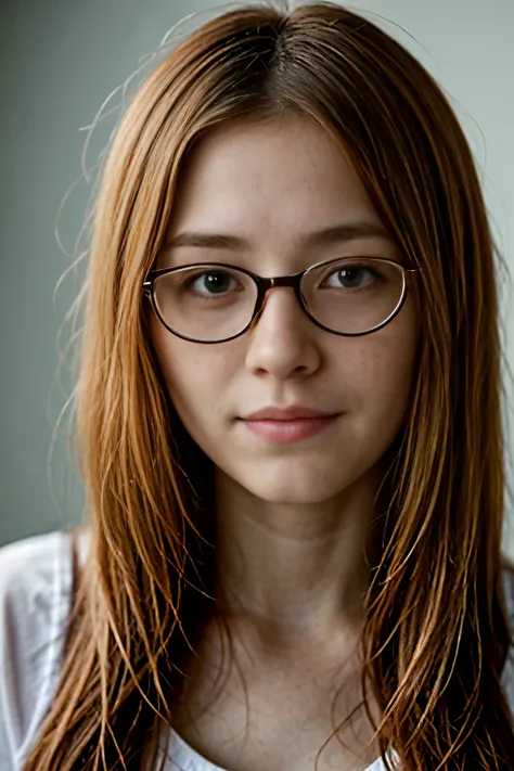 professional, masterpiece, 8k, hyperrealistic portrait of a 20yo cute ginger girl, long hair, redhead, glasses, (looking shy:1.3), freckles, detailed face, detailed skin, photography, hq, photorealistic,japanese,asian