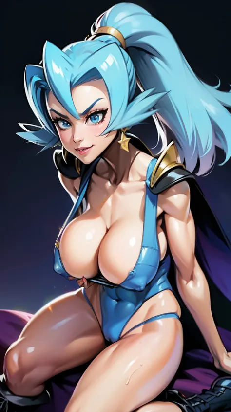 blush, smileglowing aura, natural light, masterpiece,  glossy skin, juicy lips , sexy, hot, cleavage, evil,juicy lips, bimbo, ((Clair)), pokemon, hour glass figure, blue hair,  (slendered abs:1.4), wide eyes, blue eyes, (gigantic breasts:1.2), ponytail, da...