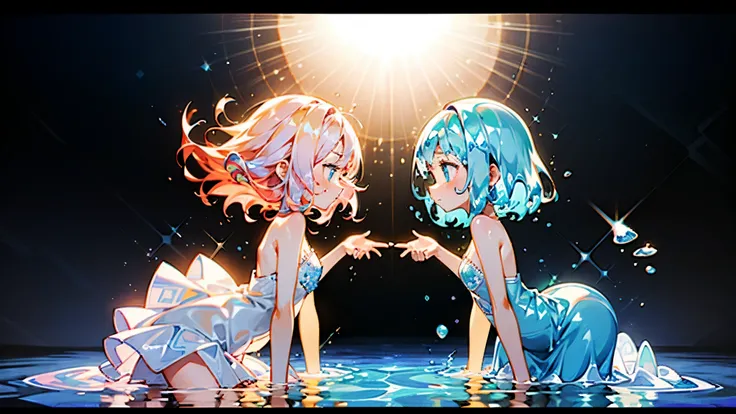 masterpiece, detailed, (((Girl Slime))), the girl is made of water and mucus, Blue Slime, Little girl, under the water, very world, ((фон under the water)), bright colors, Contrast, lilac hair, big eyes, blue slime dress, Sad Girl, glow around the girl, si...