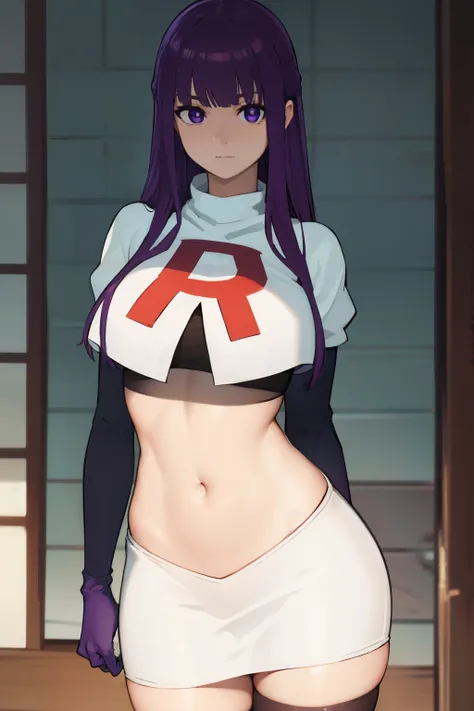 fern, fern, long hair, bangs, (purple eyes:1.1), purple hair, sidelocks, blunt bangs, (bright pupils:1.5),
BREAK team rocket,team rocket uniform,white skirt,crop top,black thigh-highs,black elbow gloves,
BREAK looking at viewer, (cowboy shot:1.5),
BREAK (m...