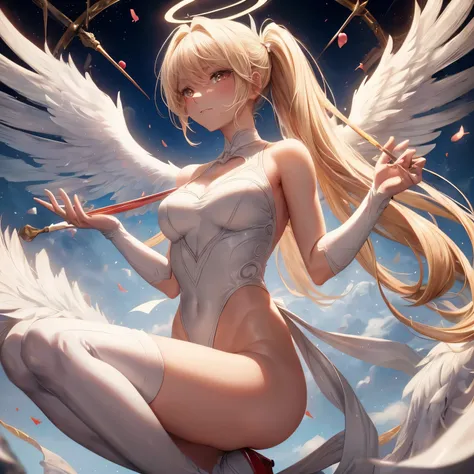 Cupid. Angel wings. Beautiful. Young woman. Blonde hair tied into a ponytail which hangs down her back. White colored halo. 6 feet tall. Skin tight white leotard with a red heart at the center of her chest. Golden eyes.