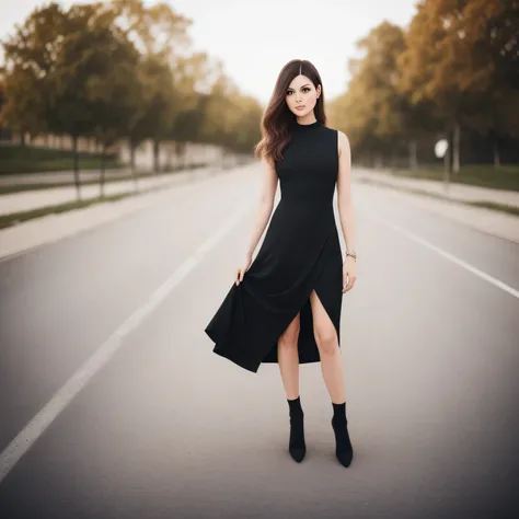 there is a woman standing on a sidewalk in a black dress, jovana rikalo, inspired by Carlo Mense, aleksandra waliszewska, olga buzova, 60mm portrait, 7 0 mm portrait, wearing a black bodysuit, alexey egorov, 50mm portrait, sergey zabelin, shot on leica sl2...