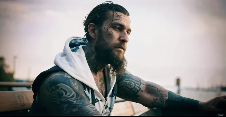 there is a man with a vikingbeard and a hoodie sitting on a bench, highly detailed character, extremely detailed man, tattooed man, no hood | | realistic shaded, cinematic realistic portrait, male character, detailed character portrait, as a character from...