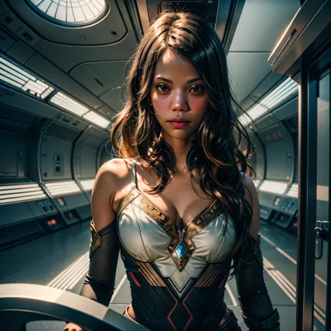 ((Zoe Saldana guckt neugierig)), ((she has round breasts)), ((Startrek)), (ds9st uniform), ((Uniform-Hose)), ((white tank top)), (sie steht in ihrer Kabine auf der Enterprise), "Suit Startrek Outfits" , (kleiner Kopf), ((detailliertes Gesicht)), Weiches fi...