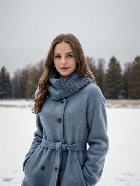 A beautiful young woman, 23Jahrealt, with long brunette hair with blonde highlights , dunkelblaue Augen, steht elegant inmitten einer schneebedeckten Landschaft. Sie ist warm gekleidet, stylischer Pullover, ein kuscheliger Mantel, und ein modischer Schal. ...