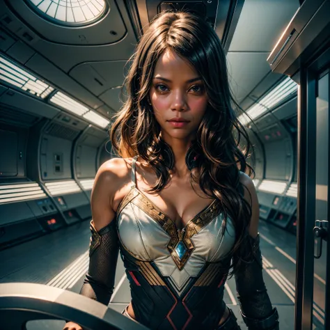 ((Zoe Saldana guckt neugierig)), ((she has round breasts)), ((Startrek)), (ds9st uniform), ((Uniform-Hose)), ((white tank top)), (sie steht in ihrer Kabine auf der Enterprise), "Suit Startrek Outfits" , (kleiner Kopf), ((detailliertes Gesicht)), Weiches fi...