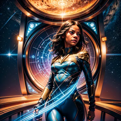 ((Zoe Saldana guckt neugierig)), ((she has round breasts)), ((Startrek)), (ds9st uniform), ((Uniform-Hose)), ((white tank top)), (sie steht in ihrer Kabine auf der Enterprise), "Suit Startrek Outfits" , (kleiner Kopf), ((detailliertes Gesicht)), Weiches fi...