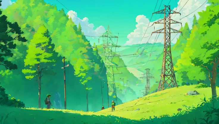 minimalista, miniature electrical power towers, power poles with power cables, daylight, during the day, men working in helmets and green clothes, cinematic, estilo pixar, disney, vista aerea, vista de cima