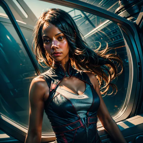 ((Zoe Saldana guckt neugierig)), ((she has round breasts)), ((Startrek)), (ds9st uniform), ((Uniform-Hose)), ((white tank top)), (sie steht in ihrer Kabine auf der Enterprise), "Suit Startrek Outfits" , (kleiner Kopf), ((detailliertes Gesicht)), Weiches fi...