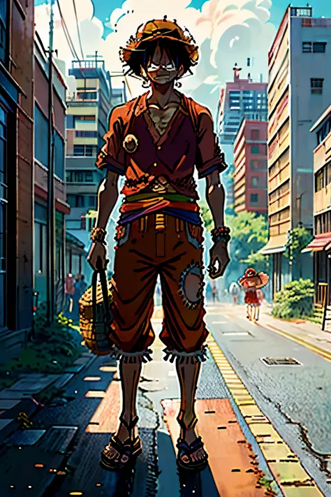 Luffy One Piece, Alone in a City (1 person):

(Anime style: 1.5), (Detailed, Manga-inspired: 1.4), (Luffy: 1.7), (Straw hat: 1.2), (One Piece: 1.3), (Casual outfit: 1.2), (Cityscape: 1.4), (Lonely figure: 1.2), (Urban environment: 1.3), (Realistic shading:...