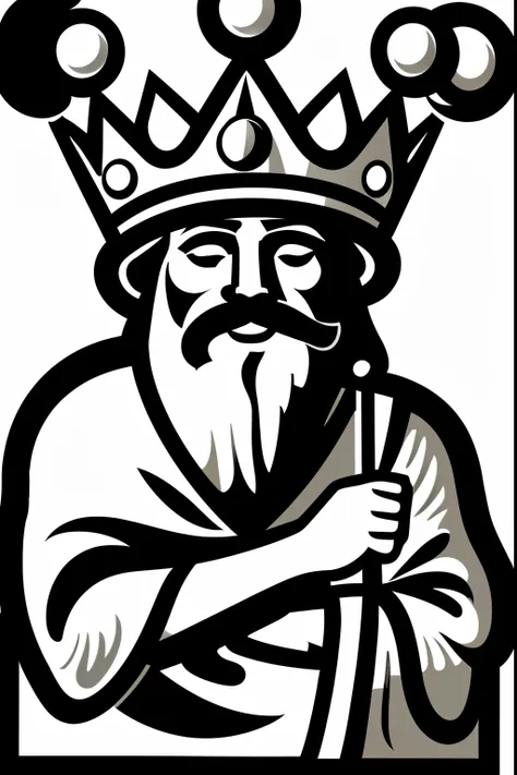 black and white vector logo of a king with a staff and a crown on his head