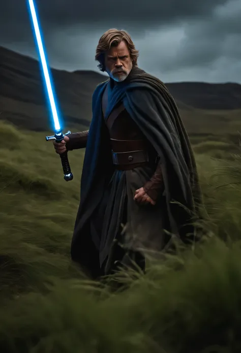 Luke Skywalker como um guerreiro espartano, Pulando no ar, a neon blue lightsaber in hand, The sky is a pale green hunter, Dying Spartans on the ground , armadura sangrenta, epics, 8k