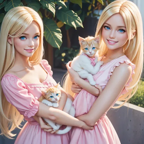 digital illustration, a happy young woman, with blonde hair, barbie style, with a small kitten in her arms, pink, fashionable clothes, light blue eyes, smiling, full body. Barbie style, details in clothes. angelic beauty.

