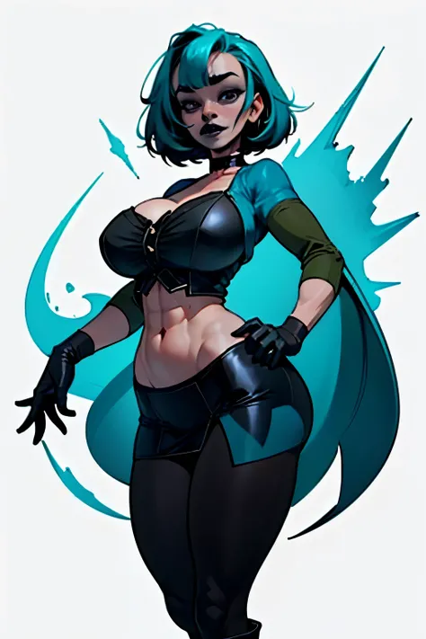 (masterpiece, top quality), (medium),official art, beautiful and aesthetic:1.2),(gwen:1.3), (fractal art:1.3), total drama island, teal hair, black hair, ((black top)), from side, (slendered abs:1.2), choker around neck, teal sleeves, black skirt, teal leg...