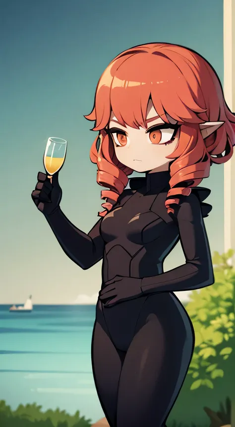 1girl, coral hair, drill hair, black jumpsuit, blue sea armor, half mermaid,fins, oh land, drunk, short, crazy, curvy, forest