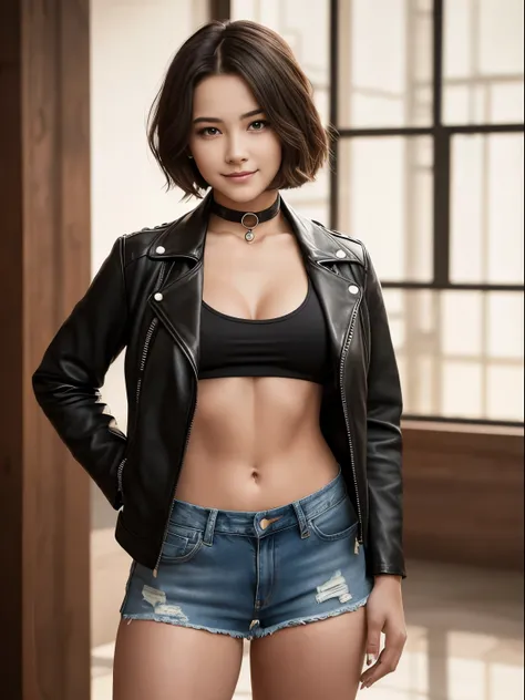 (masterpiece), face of a teenager, symmetrical, photorealistic, surreal, beautiful, upper body, bob_cut hair, leather choker, wearing a leather jacket, ripped denim shorts:1.3, perfect anatomy, (no underwear), large breasts:1.3, supernumerary_nipples, sedu...