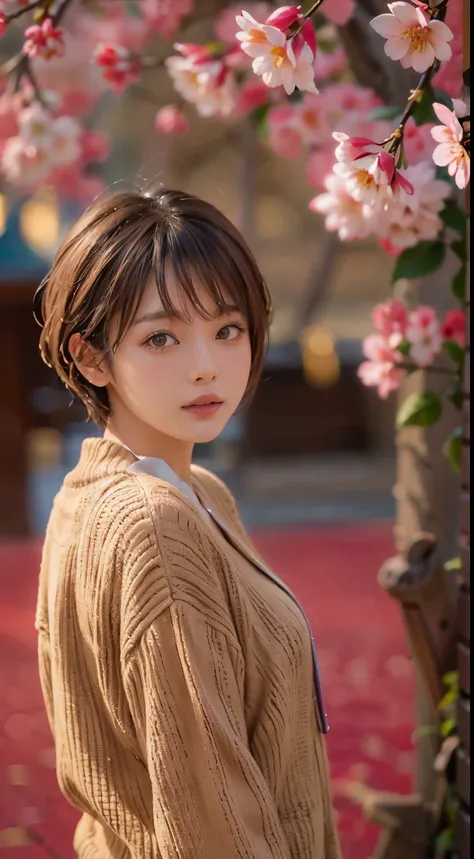 Medium Shot Shot, A beautiful japanese woman looks at the camera, under the cherry tree, Sunset, brown hair, short hair, pink knit sweater, sexy pose, SIGMA 85 mm F/1.4, masterpeace, low contrast, extremely detailed skin, extremely detailed lip, best quali...