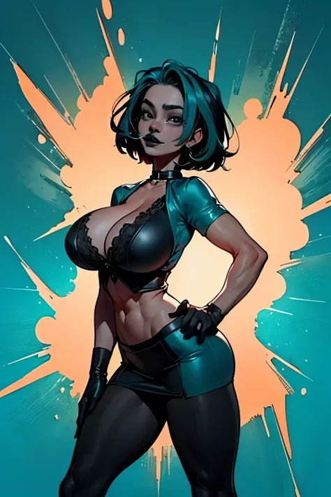 (masterpiece, top quality), (medium),official art, beautiful and aesthetic:1.2),(gwen:1.3), (fractal art:1.3), total drama island, teal hair, black hair, ((black top)), from side, (slendered abs:1.2), choker around neck, teal sleeves, black skirt, teal leg...