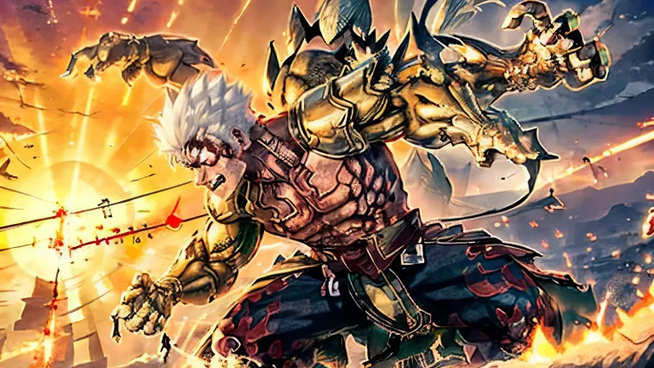 Animated Boy,Asura,cheveux blancs,short spiky hair,porter une tenue blanche,Makrings sur tout le corps,aura rouge, Destroyed land,contours rouges sur le corps, puissant, Surrounded by monsters, des mains parfaites,photo en gros plan, muscular athletic body...