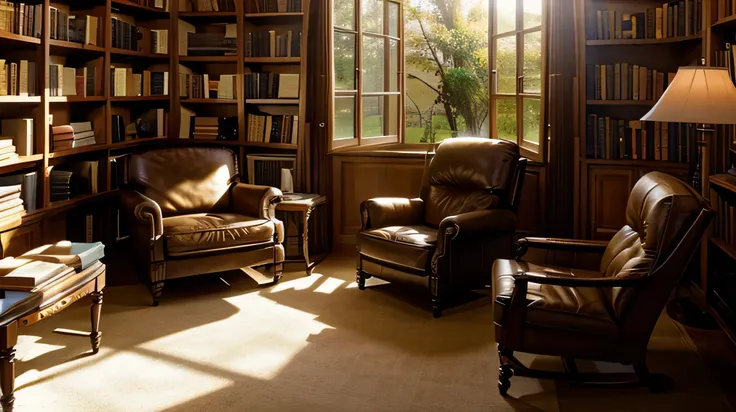 A quiet library room in the late afternoon, bathed in the golden light of the setting sun. Rows of books line the walls, and a large, comfortable leather chair sits next to a window with a view of a peaceful garden outside.