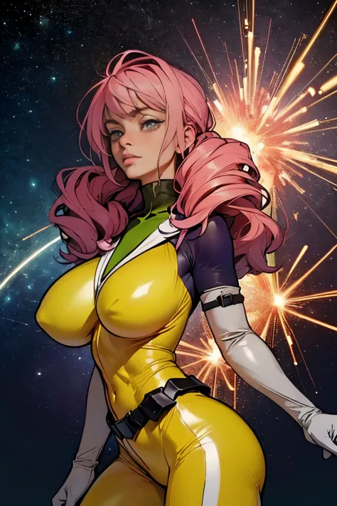 (masterpiece, top quality), (medium),official art, beautiful and aesthetic:1.2),(feldt:1.3), (fractal art:1.3), gundam00, pink hair, ((yellow bodysuit)), from side, (slendered abs:1.2), looking at viewer,(((starry sky))), ((white pointed collar)), (purple ...