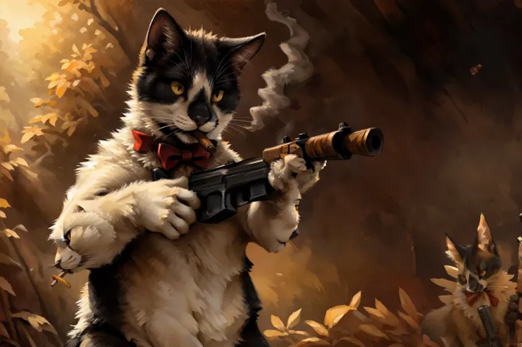 Leo, black and white cat, yellow eyes, feral, by Kenket, standing on hind legs, holding a Glock 19 handgun, aiming gun, serious face, a cigar in his mouth, red bow tie