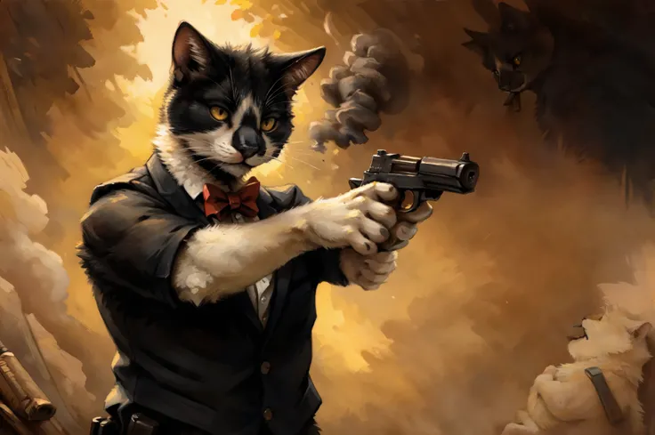 Leo, black and white cat, yellow eyes, feral, by Kenket, standing on hind legs, holding a Glock 19 handgun, aiming gun, serious face, a cigar in his mouth, red bow tie, paws for hands,