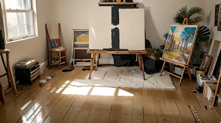 An artists studio filled with warm sunlight, canvases on easels, a messy paint palette, and a comfortable couch.