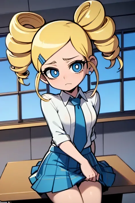 ppgzmyk, blue eyes, blonde hair, twin drills, white shirt, neck tie, plaid skirt, blue skirt, sitting, frown, classroom  