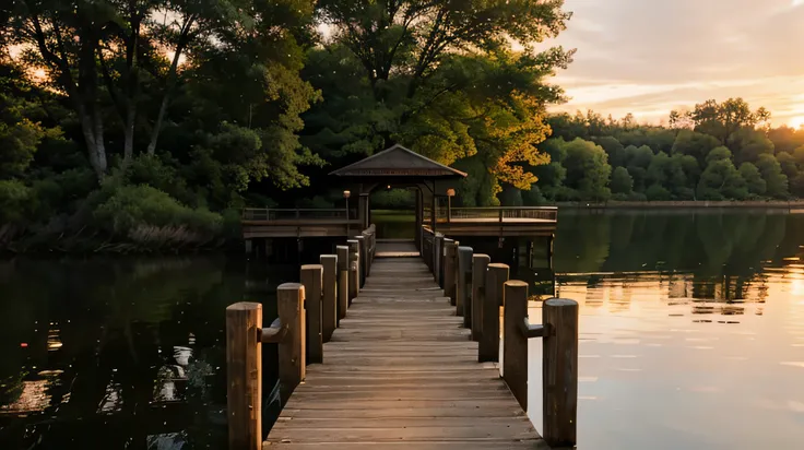 A quiet wooden pier extending into a serene lake at sunset, with soft, warm colors in the sky and calm waters.