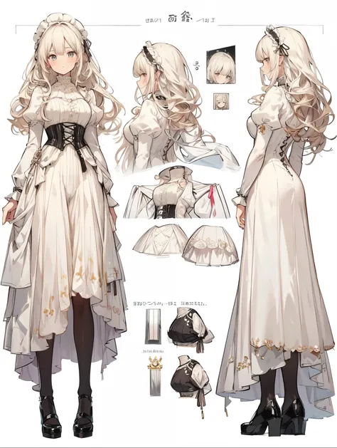 ((character sheet)), a girl dressed in a long, white dress that could be in the victorian era, 1girl, dress, multiple views, lon...