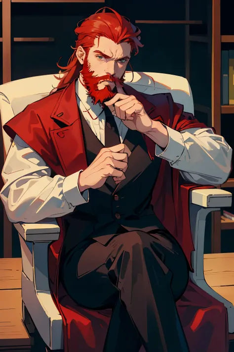 looks at the viewer, serious look, 1 man, finger-tenting hands, the gendo pose, sitting in chair, CEO office background, white noble clothes, fantasy, red hair, crimson hair, scarlet hair, shoulder length hair, scarlet beard, well done beard