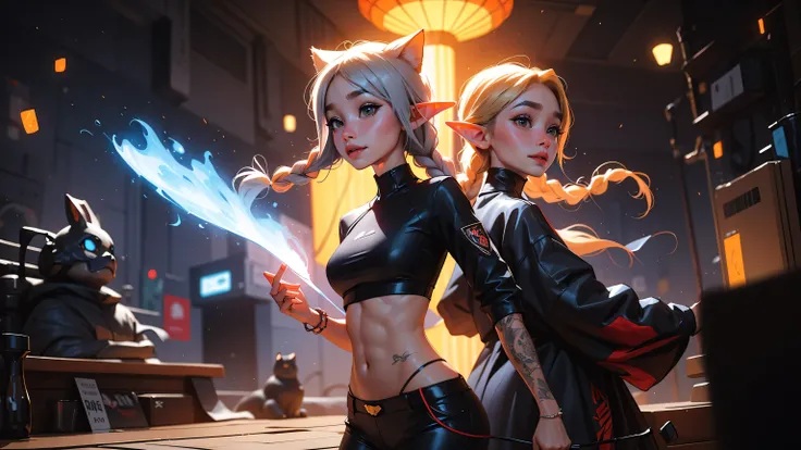 2 elf girls, 19 years old, multicolor hair, long braids, cat ears, video game spacestation, fireflies, extreme abs, cute face, smiling, japanese fashion, tattoos, fluorescent, magical scene, beautiful, fashion, splash of color, paint splatter, action scene...