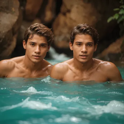 dois jovens homens  ROSTOS DIFERENTES sem camisa em uma cachoeira durante o dia, a cachoeira aparace atras dos jovens, eles se olham, os rostos deles sao diferentes um do outro, not the same person for both